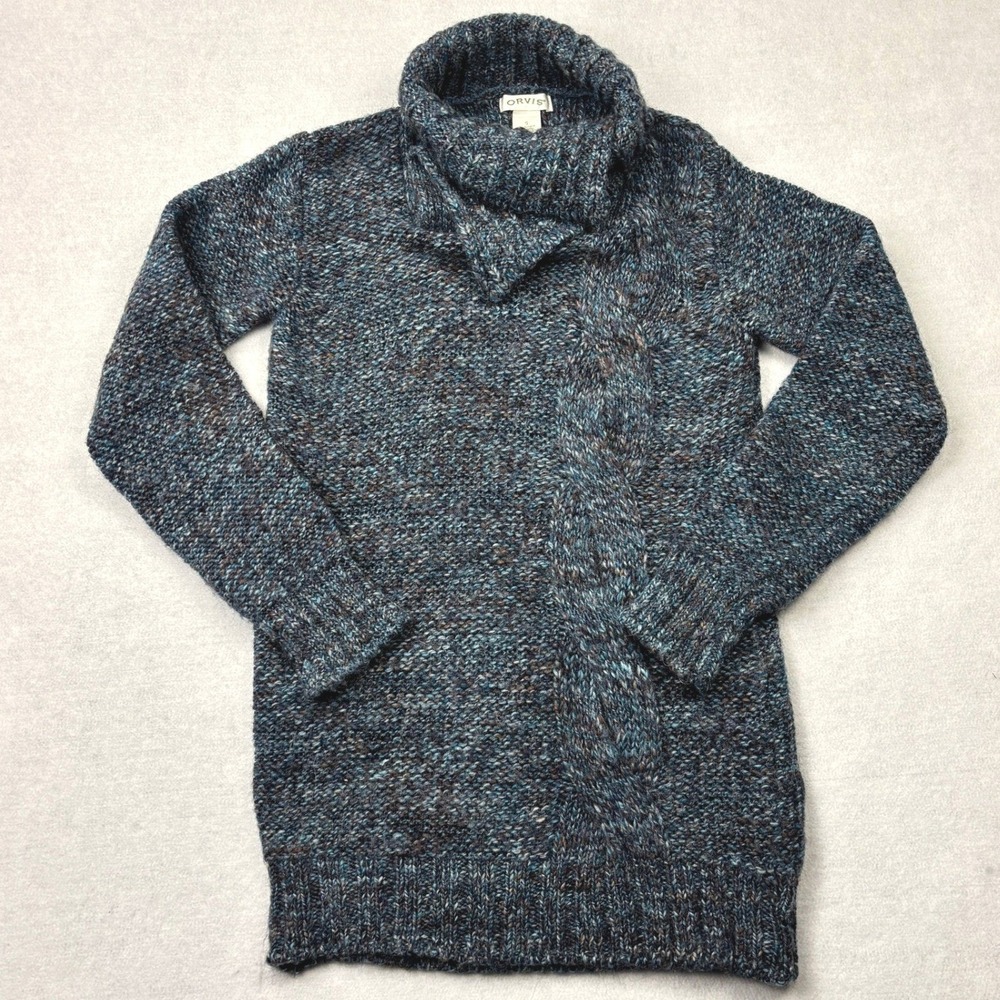 Orvis Alpaca Wool Blend Cowl Neck Cable Knit Sweater Blue Marled Made in Italy S